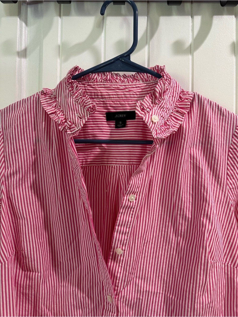 J.Crew Women’s Small Pink White Striped Ruffle Button Down Shirt Cottagecore - Picture 2 of 5